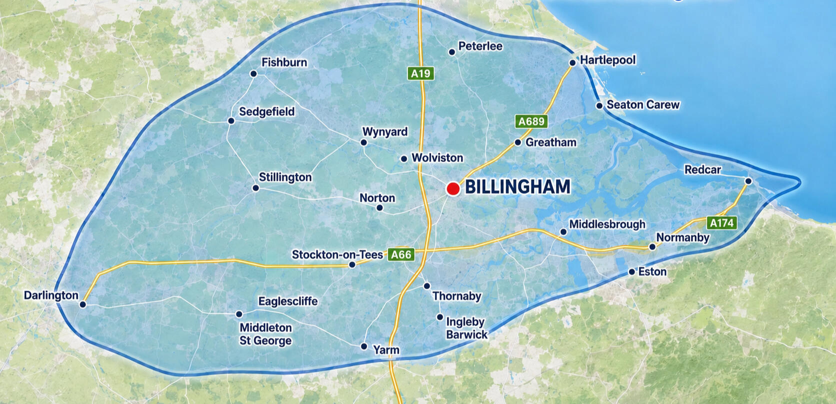 Map showing areas regularly covered by KNL Billingham Locksmiths